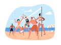 Summer beach volleyball. Young people friends playing volley ball with net on sand court at sea shore, seaside on