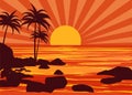 Summer beatiful sunset backgrounds coast seashore with mountaines stones beach, sun, palm trees, sky, horison. Vector