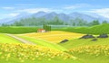 Summer beautiful landscape with farmhouse and rapeseed fields.