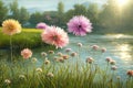 Summer beautiful landscape, grass with flowers by the lake at sunrise