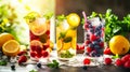 Summer berries cocktails. Assorted Healthy drinks. Refreshing Summer Fruit Infused Water Served Outdoors Royalty Free Stock Photo