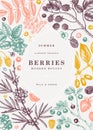 Summer berries trendy design. Hand drawn berry illustrations. Fresh fruits: strawberry, cranberry, currant, cherry, bilberry, Royalty Free Stock Photo