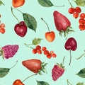 Summer berries watercolor seamless pattern. Watercolor strawberry, cherry, redcurrant, raspberry and leaves isolated on