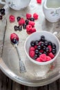 Summer berries in white cup on old metal tray. Royalty Free Stock Photo