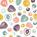 Summer berry seamless pattern. Hand drawn berries background. With fresh fruit: strawberry, cranberry, currant, cherry, bilberry,