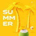 Summer beverage bar menu card with yellow 3d render palm trees and coconut cocktail with umbrella and straw