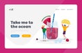 Summer Beverage Landing Page Template. Tiny People Put Lemon to Huge Glass Jar with Watermelon Pink Juice