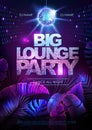 Summer big lounge party typography poster with fluorescent tropic leaves. Nature concept. Summer background.