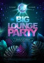 Summer big lounge party typography poster with fluorescent tropic leaves. Nature concept. Summer background.