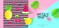 Summer Big sale banner template with tropical leaves and fruits. Paper style. Vector illustration