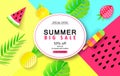 Summer Big sale banner template with tropical leaves and fruits. Paper style. Vector illustration