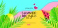 Summer Big sale banner template with tropical leaves and fruits. Paper style. Vector illustration