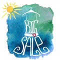 Summer Big Sale lettering.Dress,watercolor sun
