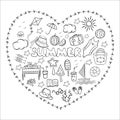 A big set of sketches for summer holidays and vacations in nature. Vector isolated elements in Doodle style on a white background. Royalty Free Stock Photo