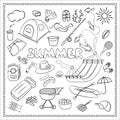A big set of sketches for summer holidays and vacations in nature. Vector isolated elements in Doodle style Royalty Free Stock Photo
