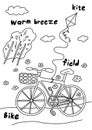 Summer bike ride. Recreation. Bicycle with a basket. Field road. Walk. Vector cartoon. Contour line illustration.