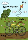 Summer bike ride. Recreation. Bicycle with a basket. Field road. Walk. Vector cartoon illustration.