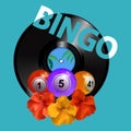 Summer bingo balls over vinyl record disc on blue