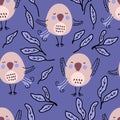 Summer birds and leaves hand drawn seamless pattern. Perfect for T-shirt, textile and print. Doodle vector illustration