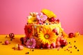 Summer birthday cake, yellow and pink background