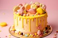 Summer birthday cake, yellow and pink background