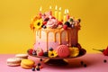 Summer birthday cake, yellow and pink background