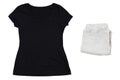 Summer black t-shirt and folded pants isolated mock up, empty black t shirt close up