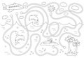 Summer black and white maze for children. Preschool exotic activity. Funny puzzle with cute airplane, swimming boy, dolphins. Help