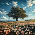 Summer bliss Expansive flower field with majestic tree against blue sky Royalty Free Stock Photo