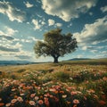 Summer bliss Expansive flower field with majestic tree against blue sky Royalty Free Stock Photo