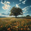 Summer bliss Expansive flower field with majestic tree against blue sky Royalty Free Stock Photo