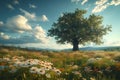 Summer bliss Expansive flower field with majestic tree against blue sky Royalty Free Stock Photo