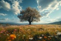 Summer bliss Expansive flower field with majestic tree against blue sky Royalty Free Stock Photo