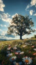 Summer bliss Expansive flower field with majestic tree against blue sky Royalty Free Stock Photo