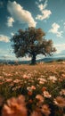 Summer bliss Expansive flower field with majestic tree against blue sky Royalty Free Stock Photo