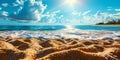 Summer Bliss: Tropical Beach Paradise with Golden Sand, Turquoise Ocean, and Sunny Blue Sky, Abstract Defocused Background Royalty Free Stock Photo