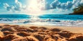 Summer Bliss: Tropical Beach Paradise with Golden Sand, Turquoise Ocean, and Sunny Blue Sky, Abstract Defocused Background Royalty Free Stock Photo