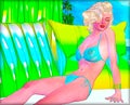 Summer blonde bombshell in bikini, a digital art creation with cartoon effect.