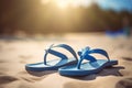 Summer blue flipflops on sand. Generate ai