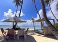 The summer with a blue sky background under umbrella as white sand beach summer tropical Royalty Free Stock Photo