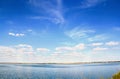 Summer blue sky with cumulus clouds over water Royalty Free Stock Photo