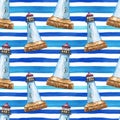 Summer blue striped pattern with hand drawn watercolor light house. Nautical marine print