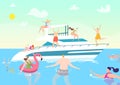 Summer boat travel at vacation, people at ocean yacht cruise vector illustration. Luxury ship party at sea, man woman Royalty Free Stock Photo