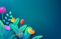 Summer border with paper cut fantasy flowers, leaves, isolated on dark. Minimal 3d style floral spring background