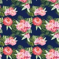 Summer botanical print with green tropical leaves and flowers on navy blue background. Hawaiian exotic plants seamless pattern