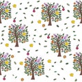 Summer botanical seamless pattern. Flowering trees with stylized leaves, flowers and fruits. Theme of ecology, environment, nature Royalty Free Stock Photo