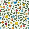 Summer botanical seamless pattern. Flowers, leaves stylized apples and butterflies. Theme of ecology, environment, nature Royalty Free Stock Photo