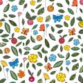 summer botanical seamless pattern. Flowers, leaves stylized apples and butterflies. Theme of ecology, environment, nature Royalty Free Stock Photo