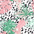 Summer botanical seamless pattern: tropical leaves, leopard fur coat, animal skin print in pastel colors