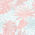 Summer botanical seamless pattern: tropical leaves, leopard fur coat, animal skin print in pastel gold rose pink color